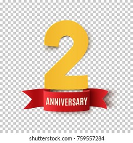 Two years anniversary design. Background with red ribbon.Greeting card, poster or brochure template. Vector illustration.