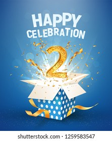 Two years anniversary and open gift box with explosions confetti. Template 2nd birthday celebration on blue background vector Illustration
