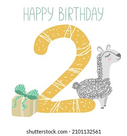 Two years. Baby birthday card in cartoon style. Printable number 2 birthday postcard template. Cartoon character llama, gift box and number two