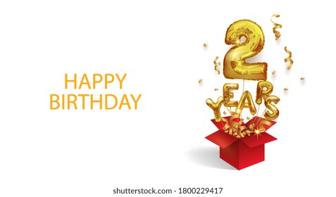 Two years of birth. Number 2 a flying foil balloon flies out of a confetti box. Birthday party. Horizontal postcard with a place for the inscription. Vector.
