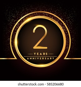 two years birthday celebration logotype. 2nd anniversary logo with confetti and golden ring isolated on black background, vector design for greeting card and invitation card.