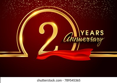 two years birthday celebration logotype. 2nd anniversary logo with confetti and golden ring, red ribbon isolated on red background, vector design for greeting card and invitation card.