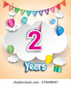 two Years Birthday Design for greeting cards and poster, with clouds and gift box, balloons. using Paper Art Design Style. vector elements for anniversary celebration.