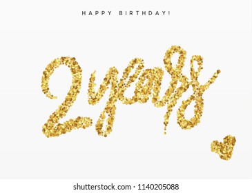 Two years, Number 2, lettering sign from golden confetti.