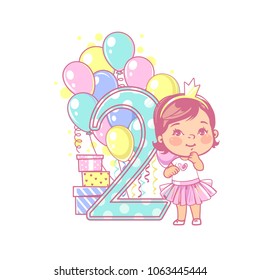 Muchacha de dos años parada cerca del gran número 2.  Celebración del segundo año. Cumpleaños de la niña. Chica linda con falda tutu. Globos de aire, regalos, corona, color brillante. Ilustración vectorial.