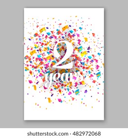 Two years paper sign over confetti. Vector holiday illustration.