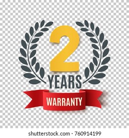 Two Years Warranty background with red ribbon and olive branch. Poster, label, badge or brochure template design. Vector illustration.