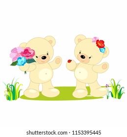 two yellow animal bears with a bouquet of flowers and a ladybug holiday cute baby vector