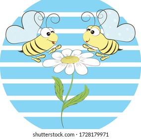 Two yellow bees and blue heart  shaped wings fly over white flower  Bees' toilers collect nectar from chamomile  Vector illustration blue striped background for placement fabric  glass  paper 