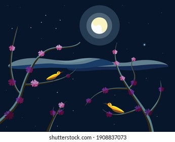 Two yellow birds singing at night