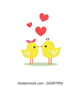 two yellow birds that they kiss and red hearts.