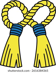 Two yellow and blue ropes with a white background. The ropes are tied together in a knot, and the design is reminiscent of a cross. Scene is simple and straightforward, with the focus on the ropes