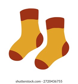 Two yellow and brown socks featuring a flat cartoon design on a white background