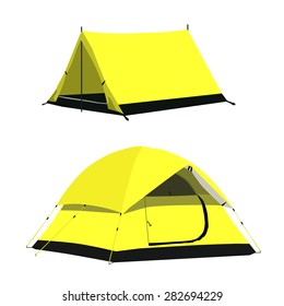 Two yellow camping tent vector set illustration. Camping equipment, camping gear, camping icon