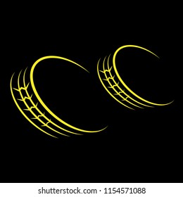 Two yellow car wheel silhouettes isolated on black background
