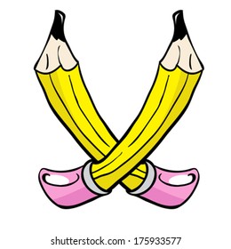 two yellow cartoon pencils doodle isolated on white