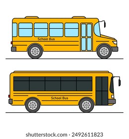 Dos autobuses escolares amarillos de dibujos animados aislados sobre fondo blanco. Vista lateral de vehículos de transporte escolar ilustración.
