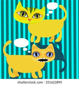 Two yellow cats in cartoon style on the striped background.