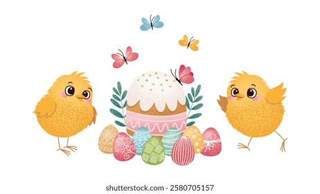 Two yellow chicks near Easter cake and decorated eggs with butterflies flying above. Cute cartoon illustration. Easter celebration and holiday design for greeting card and postcard.