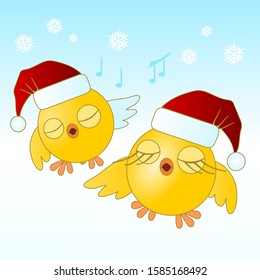two yellow chicks with red Santa hats sing Christmas carols, color vector illustration