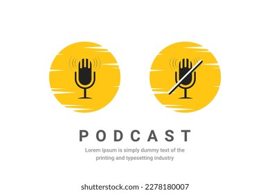 Two yellow circles with a microphone and a hand in the middle that says podcast.