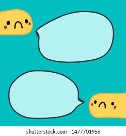 Two yellow creatures cartoon style talking sad speech bubbles hand drawn vector illustration turquoise