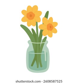 Two yellow daffodils in glass vase. Cute flat spring illustration for floral and seasonal designs.