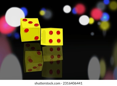 two yellow dice on a dark background and glowing colorful