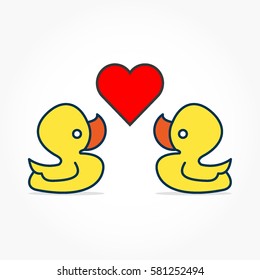 two yellow duck facing each other with a floating red love shape between them. ducks in love with shadow effect vector illustration