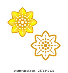 Two yellow, eight-petaled flowers with intricate white patterns inside