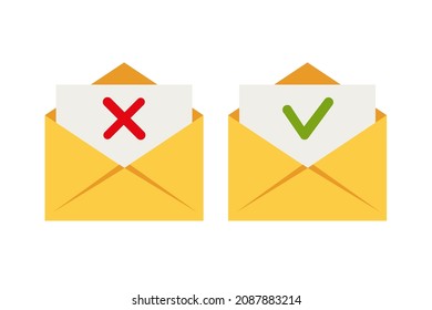 Two yellow envelope with approved and rejected letters. Vector illustration. Flat.