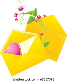 Two yellow envelopes with pink heart. Valentines day. Vector