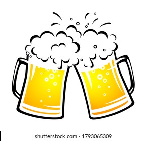 two yellow hand drawn beer mugs with bubbles, spray, droplets and foam 
