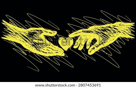 Two yellow hands reaching out to a yellow heart on a black background. The hands and heart are drawn in a sketchy, abstract style with yellow scribbles.