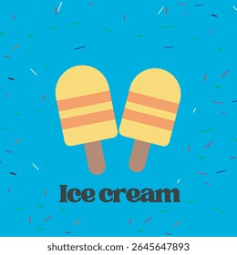 Two yellow ice cream popsicles, each with two orange stripes, are positioned vertically against a teal-blue background. The popsicles have light brown wooden-colored sticks. 