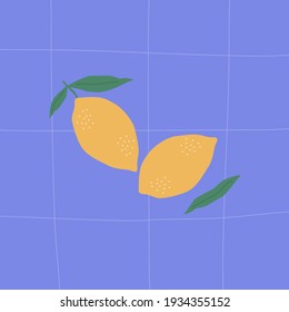 Dos limoneros amarillos con rama verde sobre fondo azul. Ilustración vectorial de frutos tropicales.