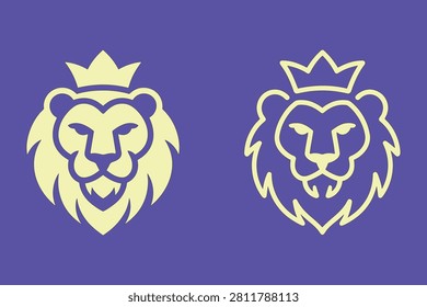 Two yellow lion heads with crowns on purple background