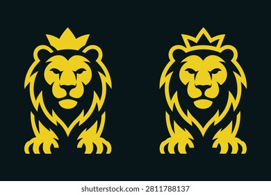 Two yellow lion heads facing forward with crowns on dark background