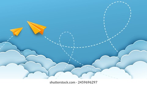 Two yellow origami paper plane with dash line track with loop in the sky. Paper cut realistic 3d vector illustration. Back to school, vacation travel concept design.