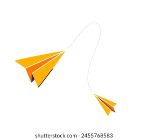 Two yellow paper planes connected dash line vector illustration. Isolated on white background.