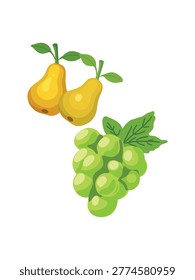 two yellow pears and green grapes on white background minimalism