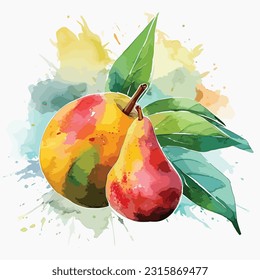 Two yellow pears on a branch watercolor illustration isolated on a white background