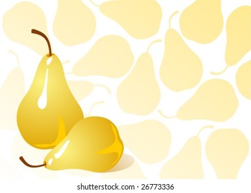 Two yellow pears on a fruit silhouettes background.