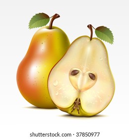 Two yellow pears on a white background