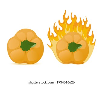 Two yellow peppers, one whole and the other burning with fire