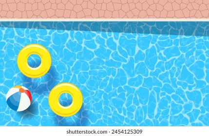 two yellow pool rings and ball floating in a swimming pool. Poster template for summer holiday. Summer pool party banner with space for text. Vector illustration in flat style