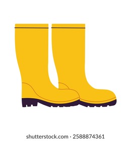 Two yellow rain boots are shown in a white background. The boots are positioned so that they are facing the viewer, and they appear to be standing upright