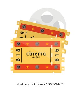 Two yellow red cinema tickets. Cinema night set concept. Retro vintage style flyer poster template check.
Modern flat style vector illustration icons. 
Isolated on white background. Ticket Blank.