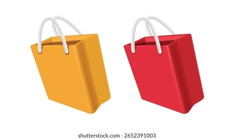 Two yellow and red paper shopping bags in 3D cartoon minimal style in oblique view, vector 3d illustration isolated on white background for banner advertising design, vector for advertisement design