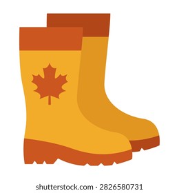 Two yellow rubber boots with brown trim and soles, each decorated with a prominent brown maple leaf symbol on the side